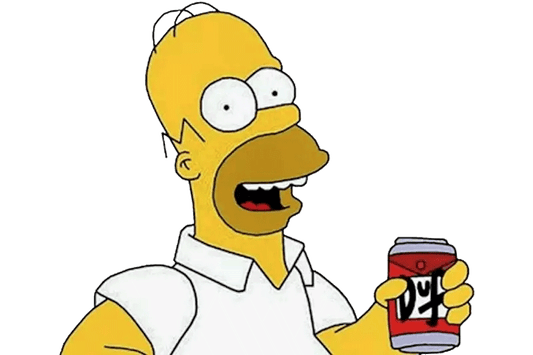 Homer Simpson, bouche ouverte, brandit une canette de bière Duff rouge et blanche sur fond blanc