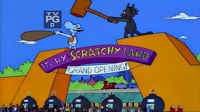 Le portail orange d'Itchy & Scratchy Land, une souris bleue au gourdin et un chat noir au maillet dominant la foule des visiteurs