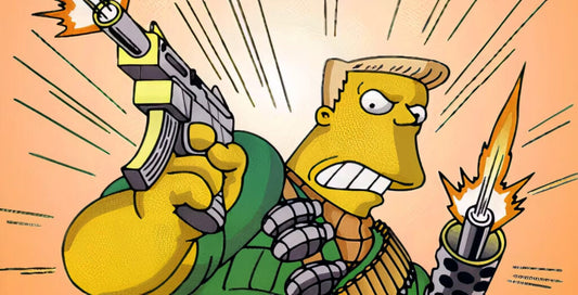 Un colosse blond en gilet militaire tire en l'air avec deux armes, dents serrées, sur fond orange strié de traits de vitesse
