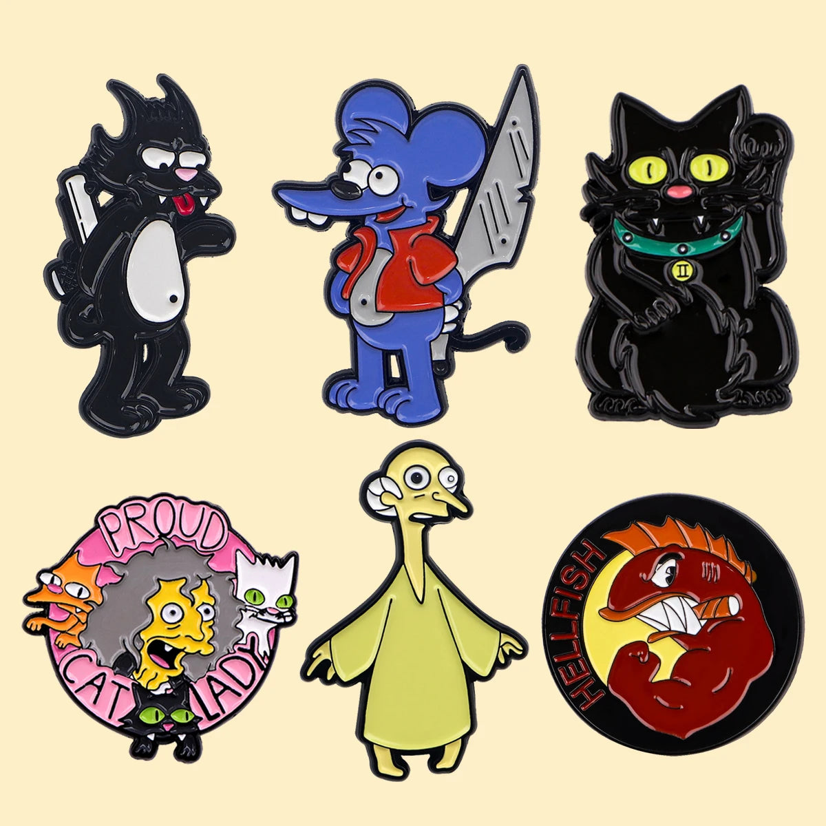 Lot de 6 Pin's Simpsons - Itchy, Scratchy et la Folle aux Chats